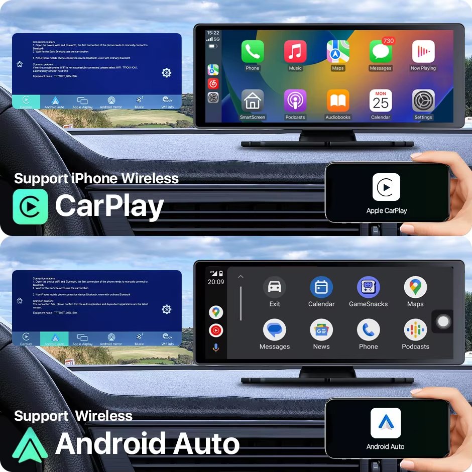 GreenYi 9inch 4CH Wireless BSD Blind Spot Alarm Apple Carplay & Android Auto 4x 1080P AHD Mini Cameras Car DVR Monitor