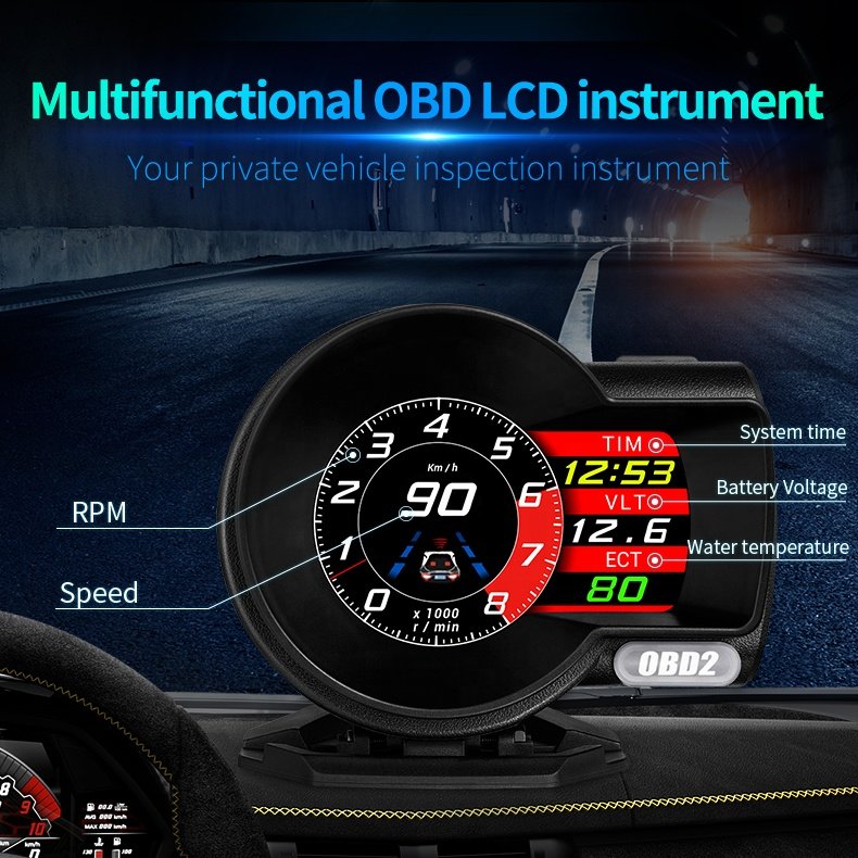 Auto Diagnostic Tool Car Hud Head up Display F8 OBD2 Gauge with Test Brake Test Overspeed Alarm HD LCD Display