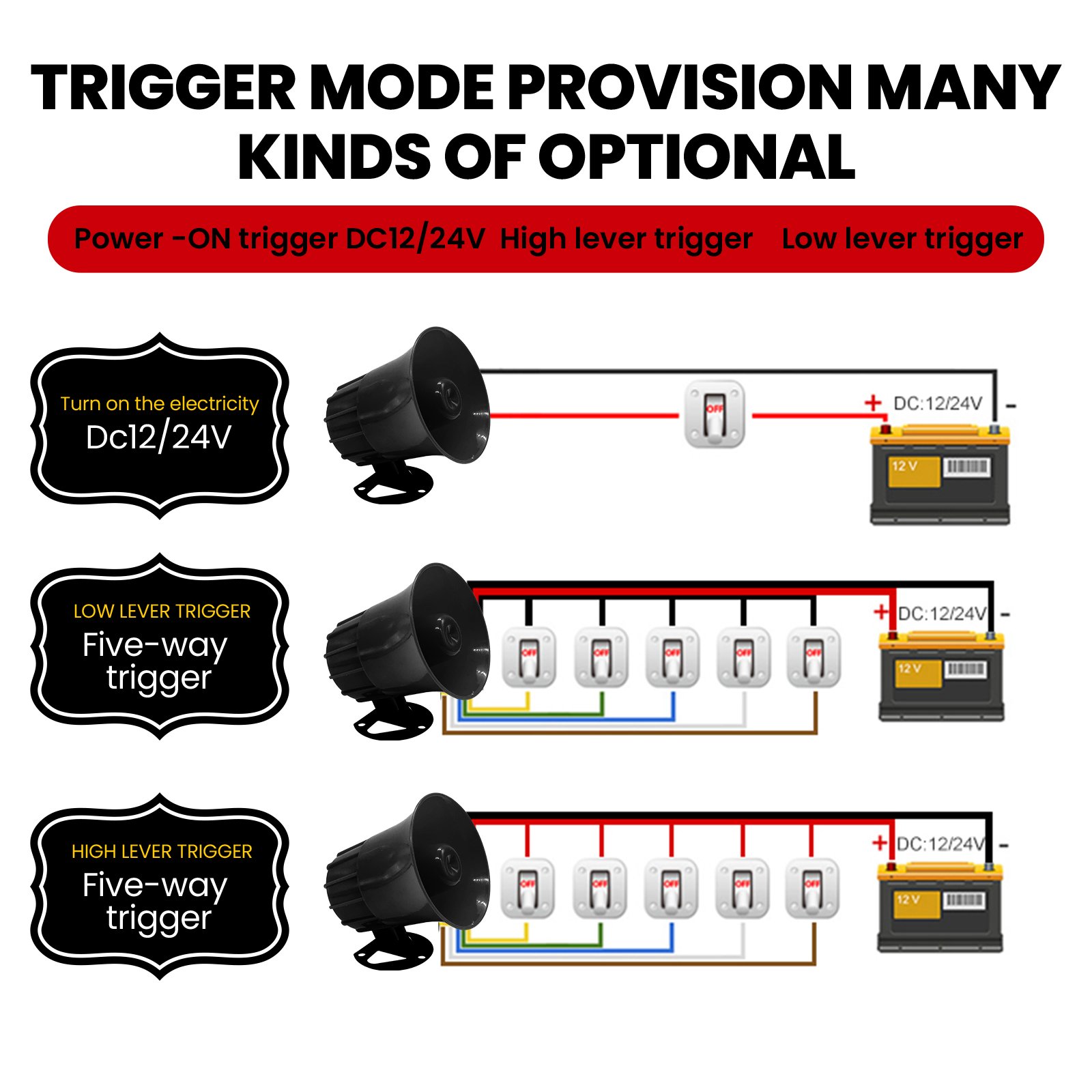 High Decibel DC12V 5-Way Siren Alarm Horn Outdoor Security Reminder for Alarms Buzzers Sirens