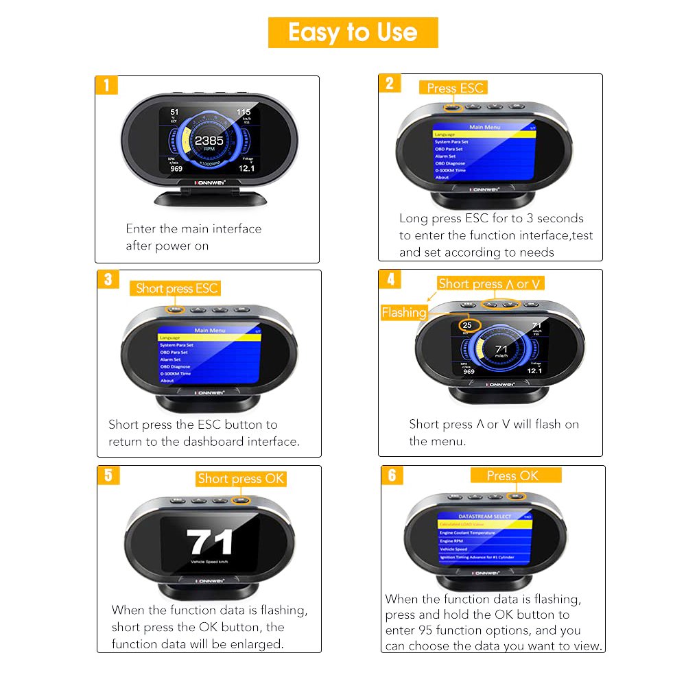 Konnwei KW206 Car HUD Heap up Display Car Obdii Diagnostic Scanner for Universal Car