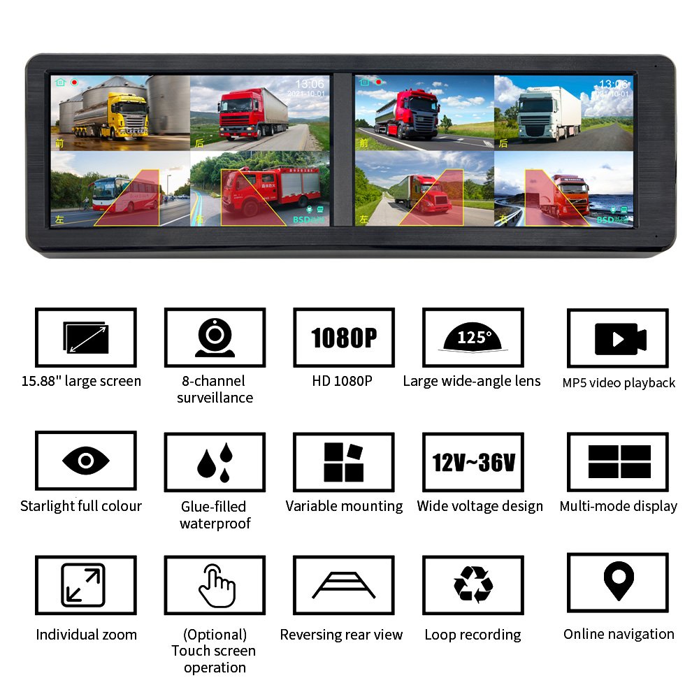 15.88 Inch 8CH Touch Screen Bus Monitoring Kit BSD Alarm Heavy Vehicle AHD DVR System MP5 Player HD Night Vision Reverse Cameras