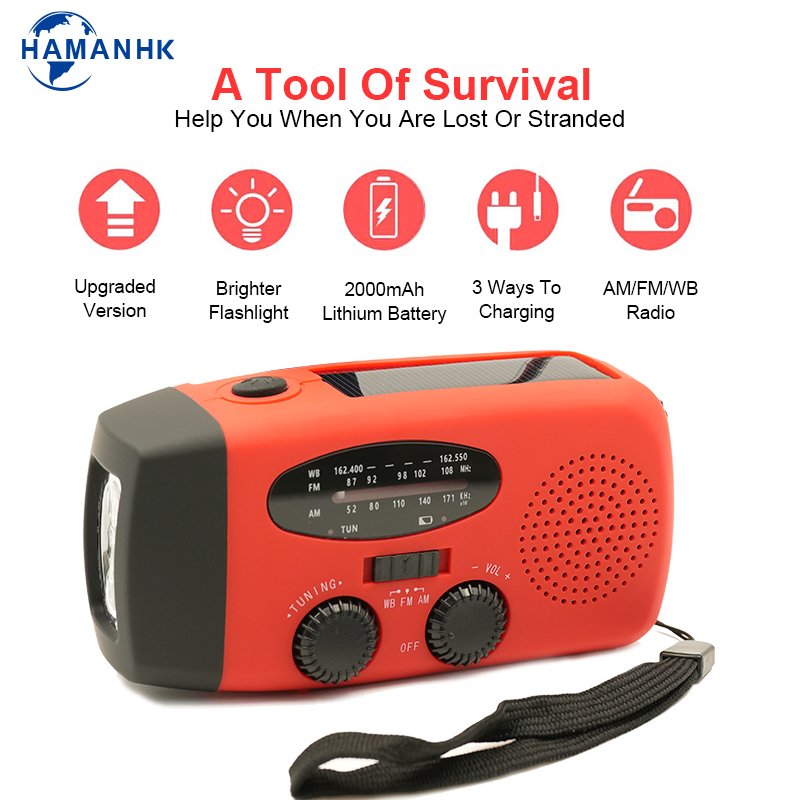 Small Fm Radio Portable Digital Weather Radio Solar 2000mah Emergency Radio With Flashlight