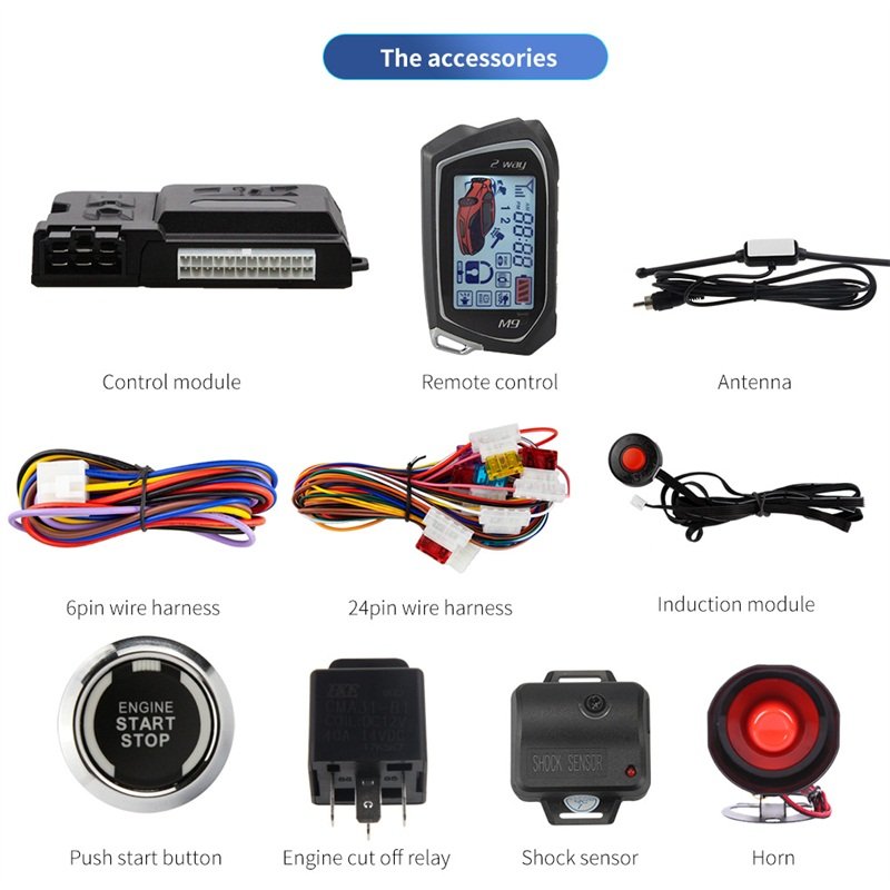 EASYGUARD EC207-M9-SR 2 Way Car Alarm System with LCD Pager Display Push Start Button Remote Starter & Shock Warning