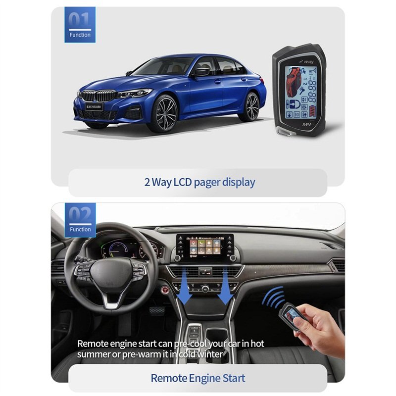 EASYGUARD EC207-M9-SR 2 Way Car Alarm System with LCD Pager Display Push Start Button Remote Starter & Shock Warning