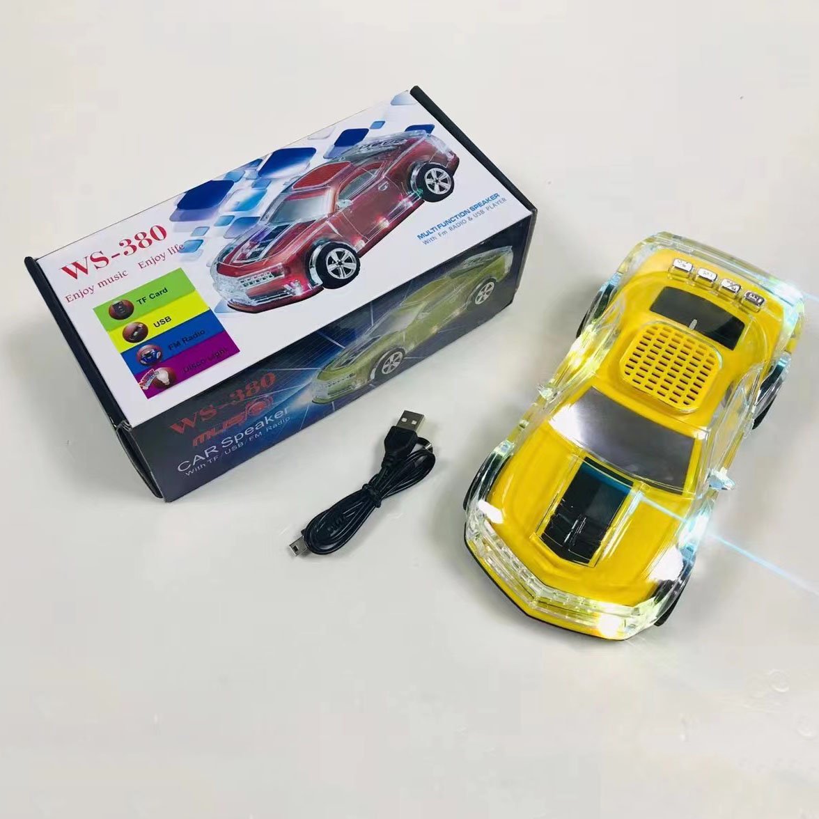 Promotional Gift WS-380 TWS USB TF AUX Wireless Bass Karaoke Car Shape Wireless Radio Speaker With LED Light