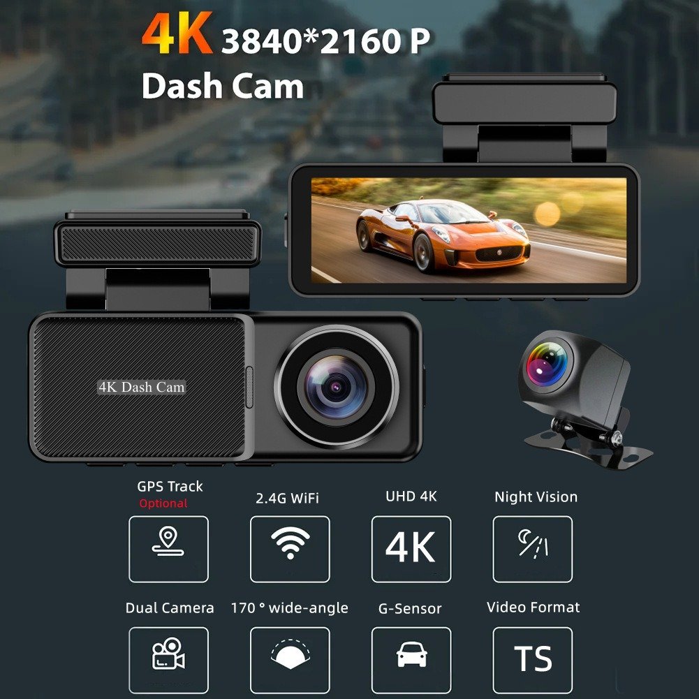 4K Car Dash Cameras 3840*2160P Car DVR Recorder WiFi GPS Dual Lens Dashcam 24 Hour Parking Monitor Car Black Box Night Version