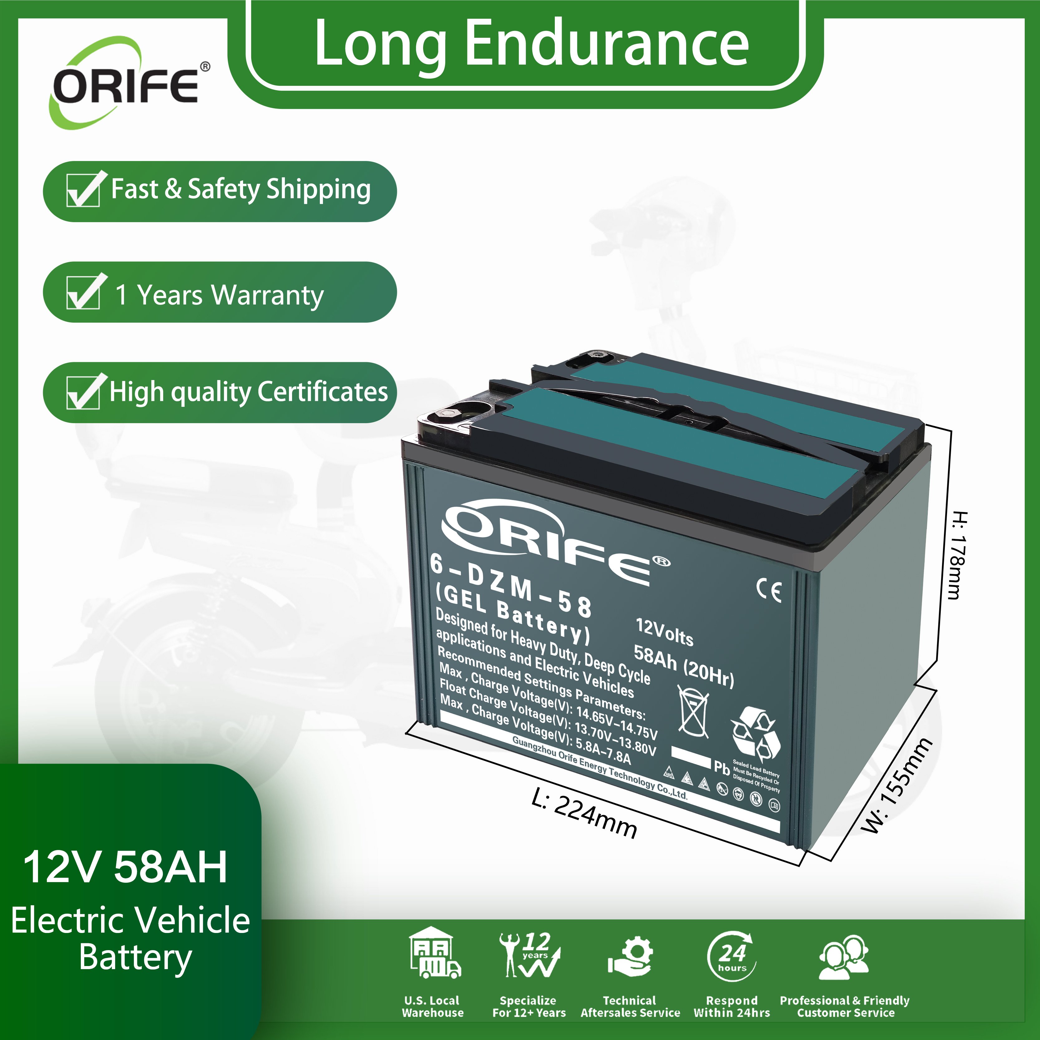 Orife Big Capacity 58ah 48V 60V 72V 6-EVF-58 Traction Lead Acid Electric Scooter Agm sealed Battery