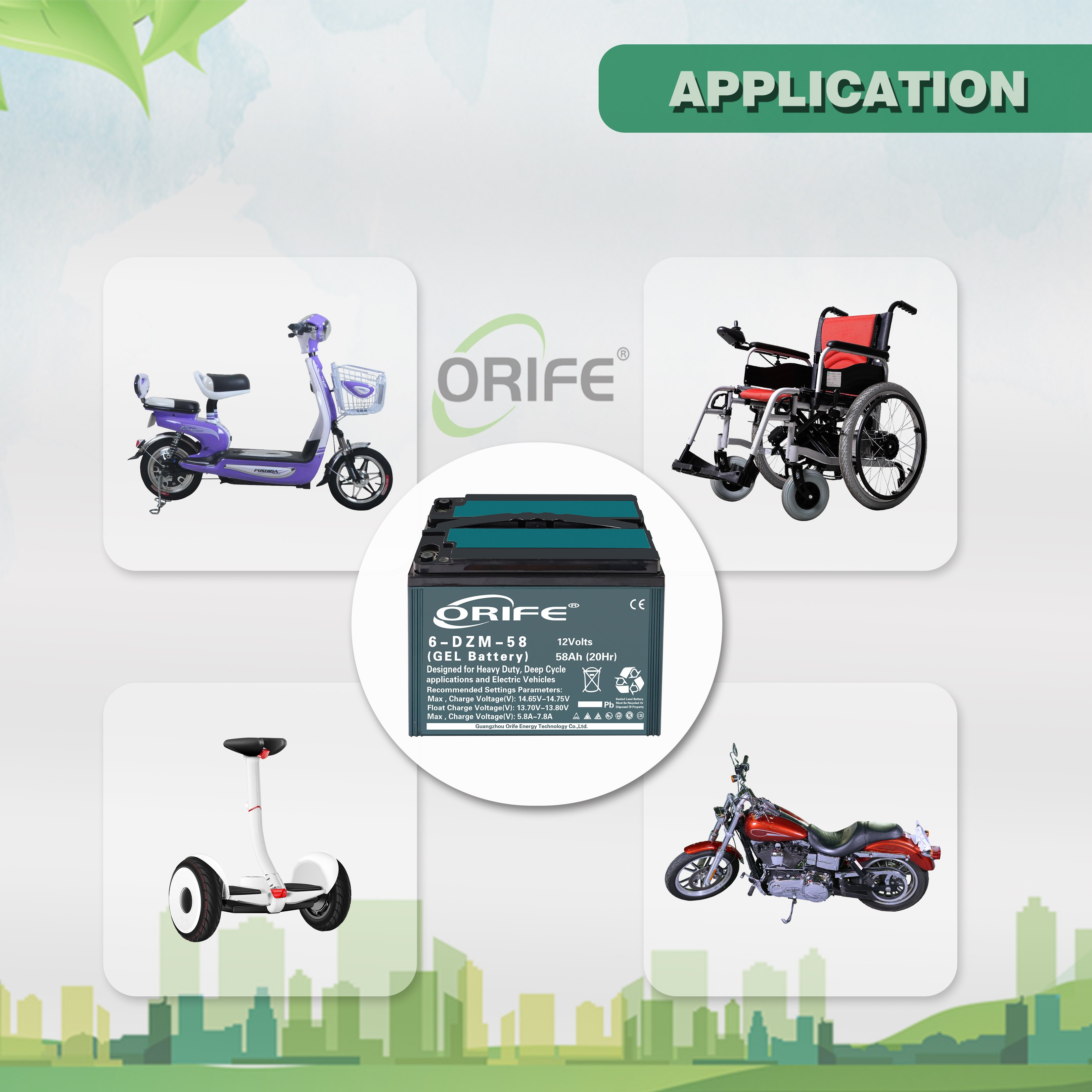 Orife Big Capacity 58ah 48V 60V 72V 6-EVF-58 Traction Lead Acid Electric Scooter Agm sealed Battery