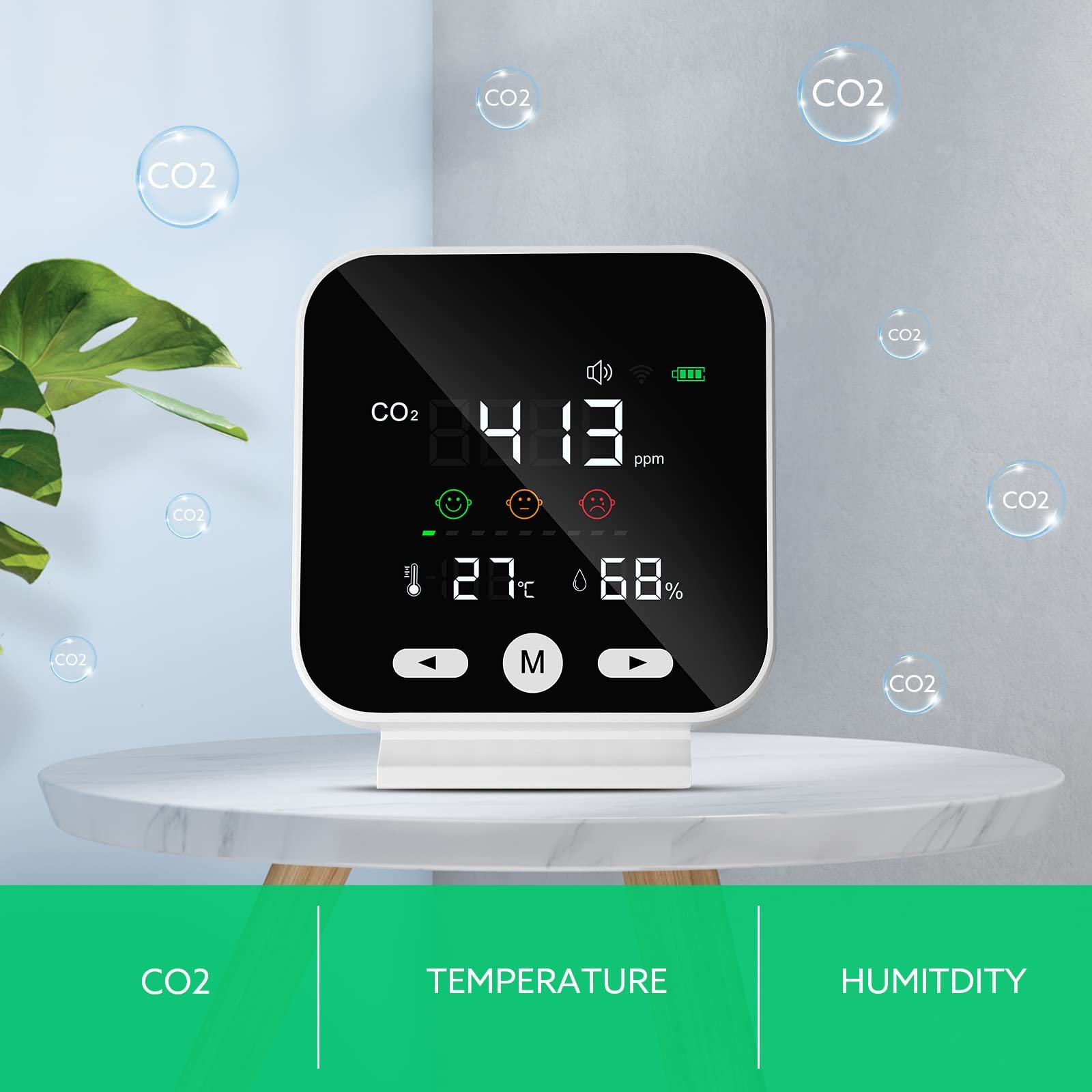Air Quality Monitor With NDIR Sensor Data Logger 400~5000ppm Range Temperature Humidity Multiple Alarm for Home Office Car Gym