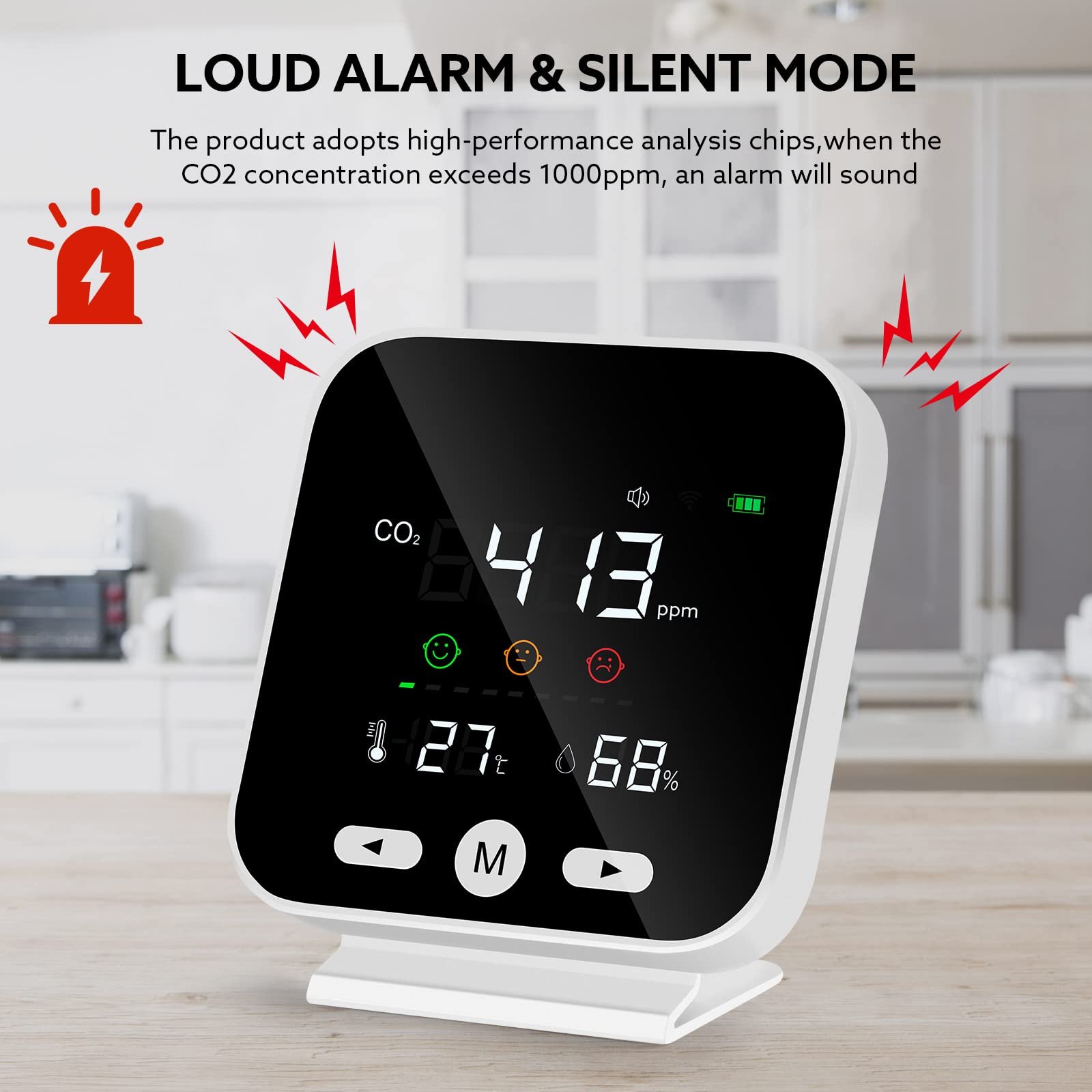 Air Quality Monitor With NDIR Sensor Data Logger 400~5000ppm Range Temperature Humidity Multiple Alarm for Home Office Car Gym