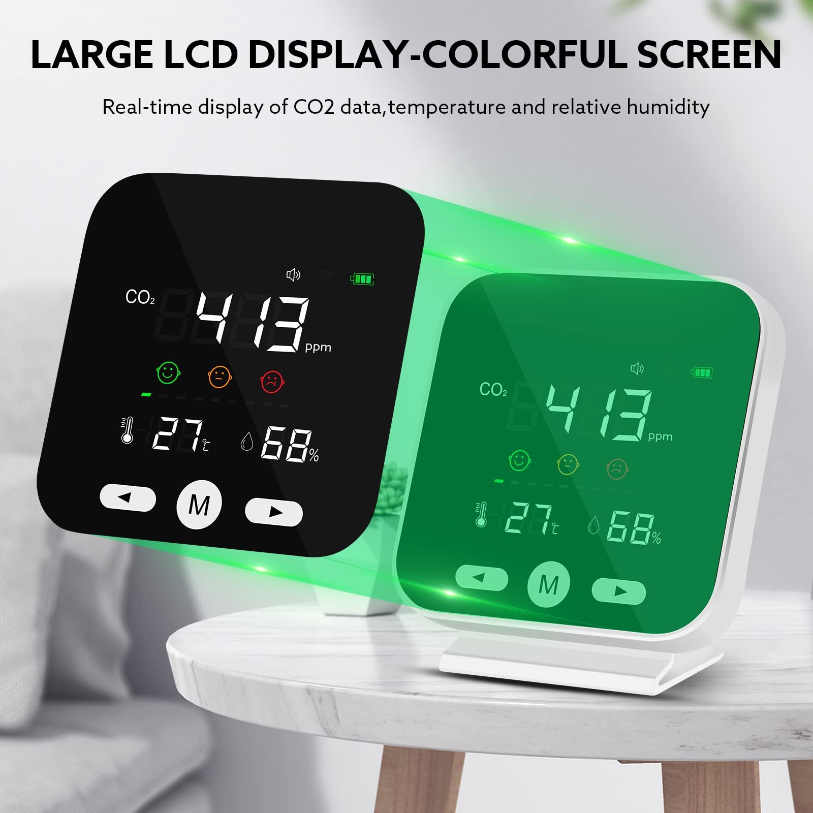 Air Quality Monitor With NDIR Sensor Data Logger 400~5000ppm Range Temperature Humidity Multiple Alarm for Home Office Car Gym
