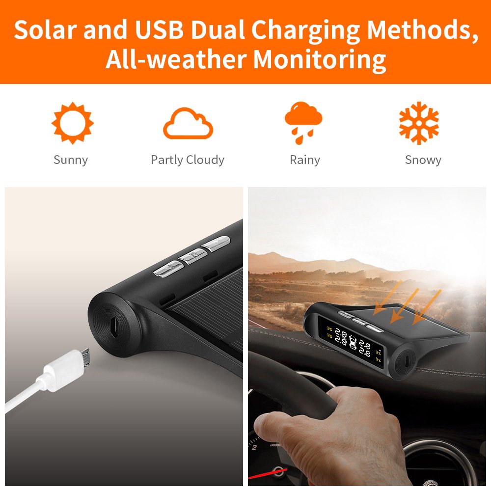 Car TPMS Tire Pressure Monitoring System Solar Charging HD Digital LCD Display Auto Alarms Wireless External Sensors TPMS