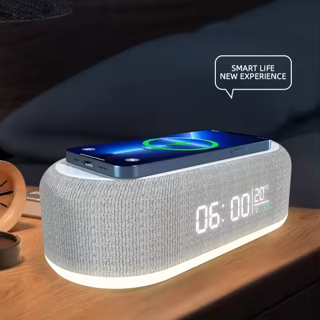 2024 Smart Wireless Speaker with LED Light Time Clock 15W Wireless Charger Bluetooth Speaker Battery Plastic Cases