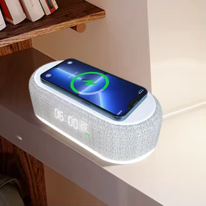 2024 Smart Wireless Speaker with LED Light Time Clock 15W Wireless Charger Bluetooth Speaker Battery Plastic Cases