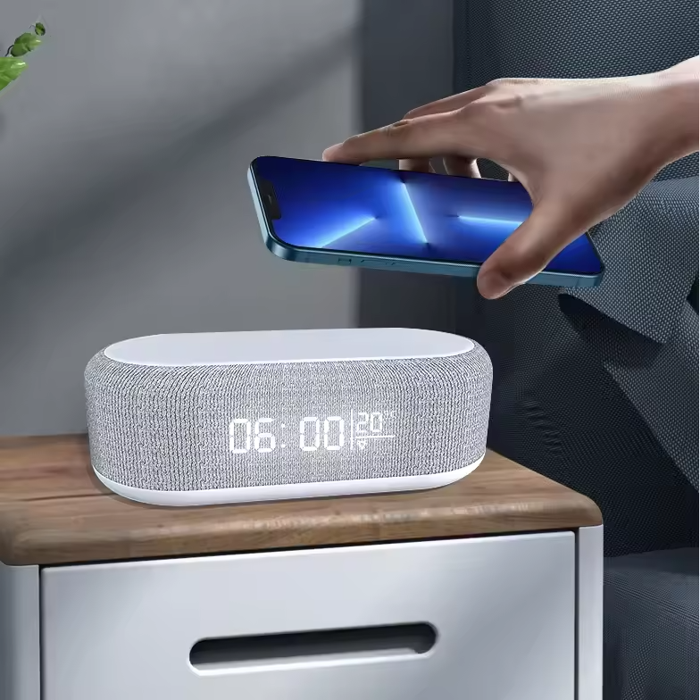 2024 Smart Wireless Speaker with LED Light Time Clock 15W Wireless Charger Bluetooth Speaker Battery Plastic Cases