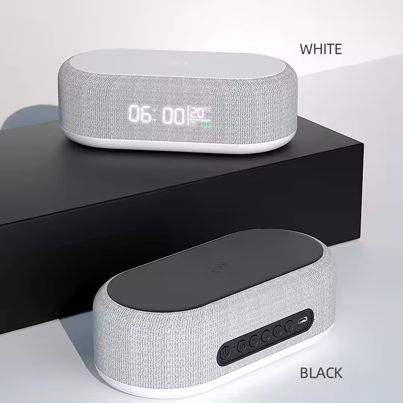 2024 Smart Wireless Speaker with LED Light Time Clock 15W Wireless Charger Bluetooth Speaker Battery Plastic Cases