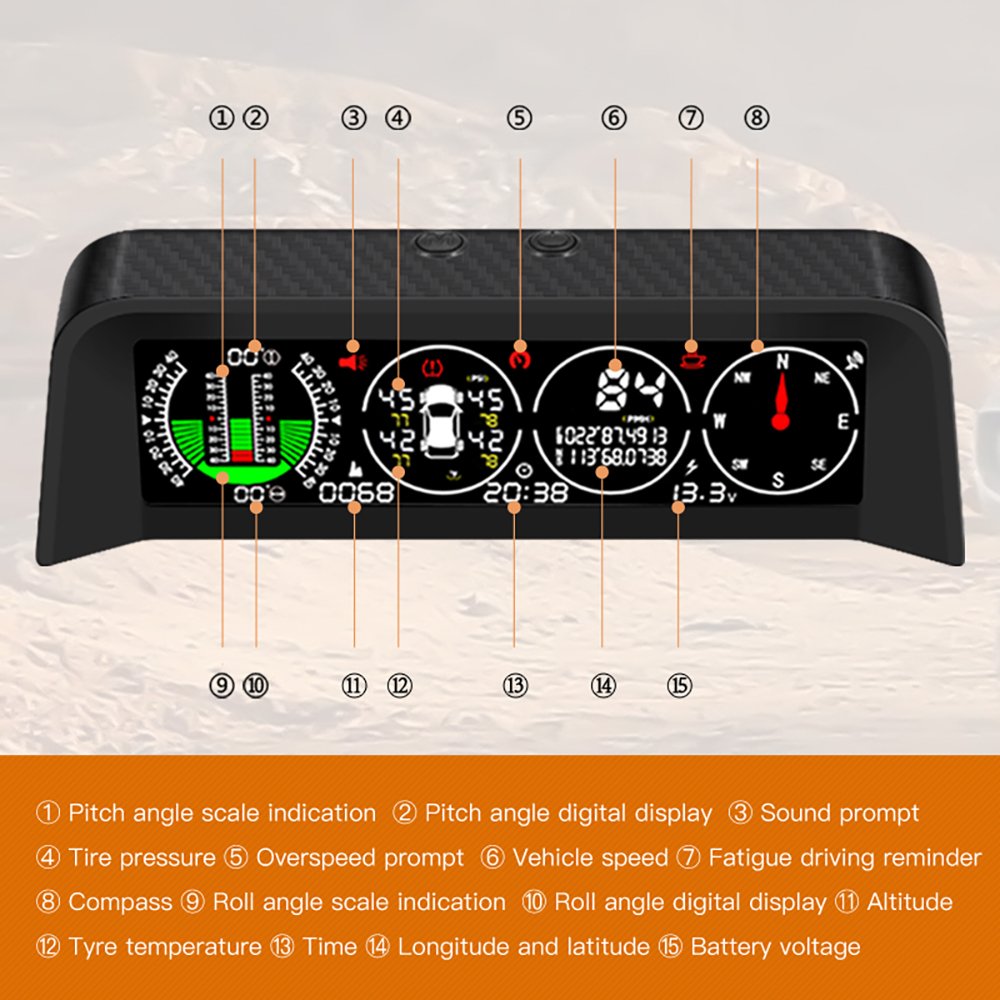 Vjoycar X50 Inclinometer Car Hud Tpms HUD Slope Angle Speed Meter GPS Off-road Vehicle Latitude Longitude Gps Speedometer