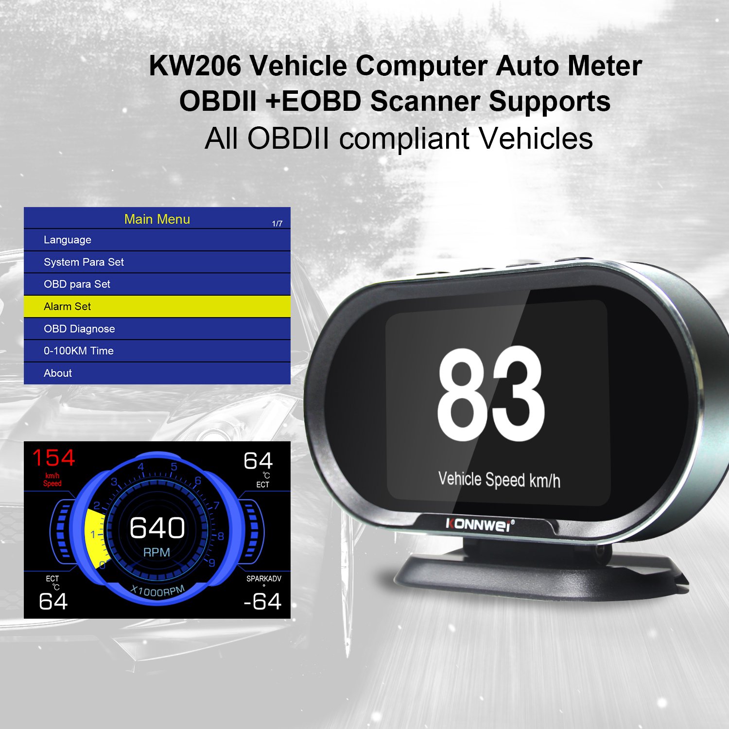 Universal Car HUD Head up Display Digital Speedometer with Speedup Test Brake Test Overspeed Alarm TFT LCD Display for All Cars