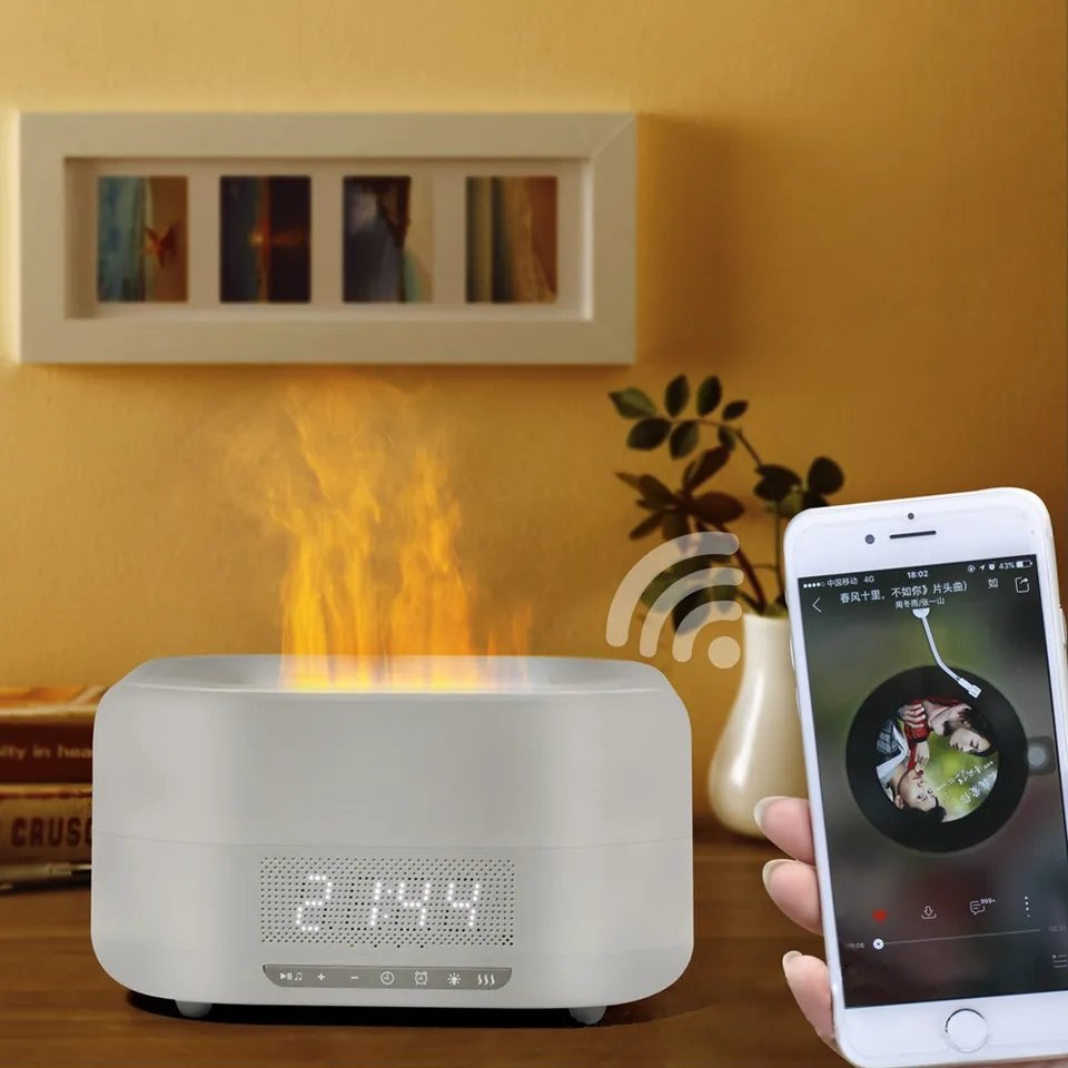 400ml Simulate 3D Fire Flame Essential Oils Diffuser with Speaker Alarm Clock