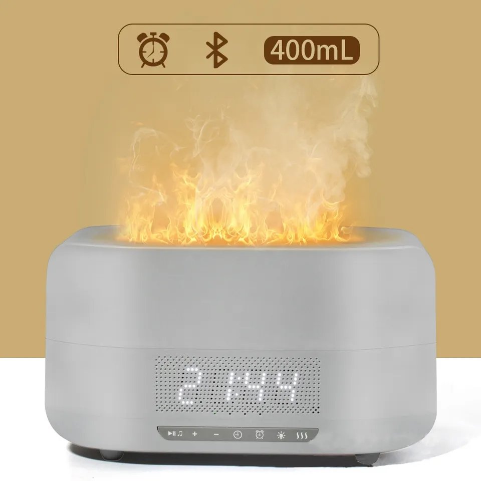 400ml Simulate 3D Fire Flame Essential Oils Diffuser with Speaker Alarm Clock
