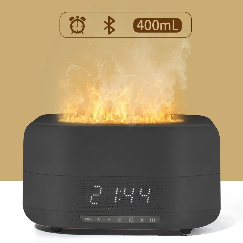400ml Simulate 3D Fire Flame Essential Oils Diffuser with Speaker Alarm Clock