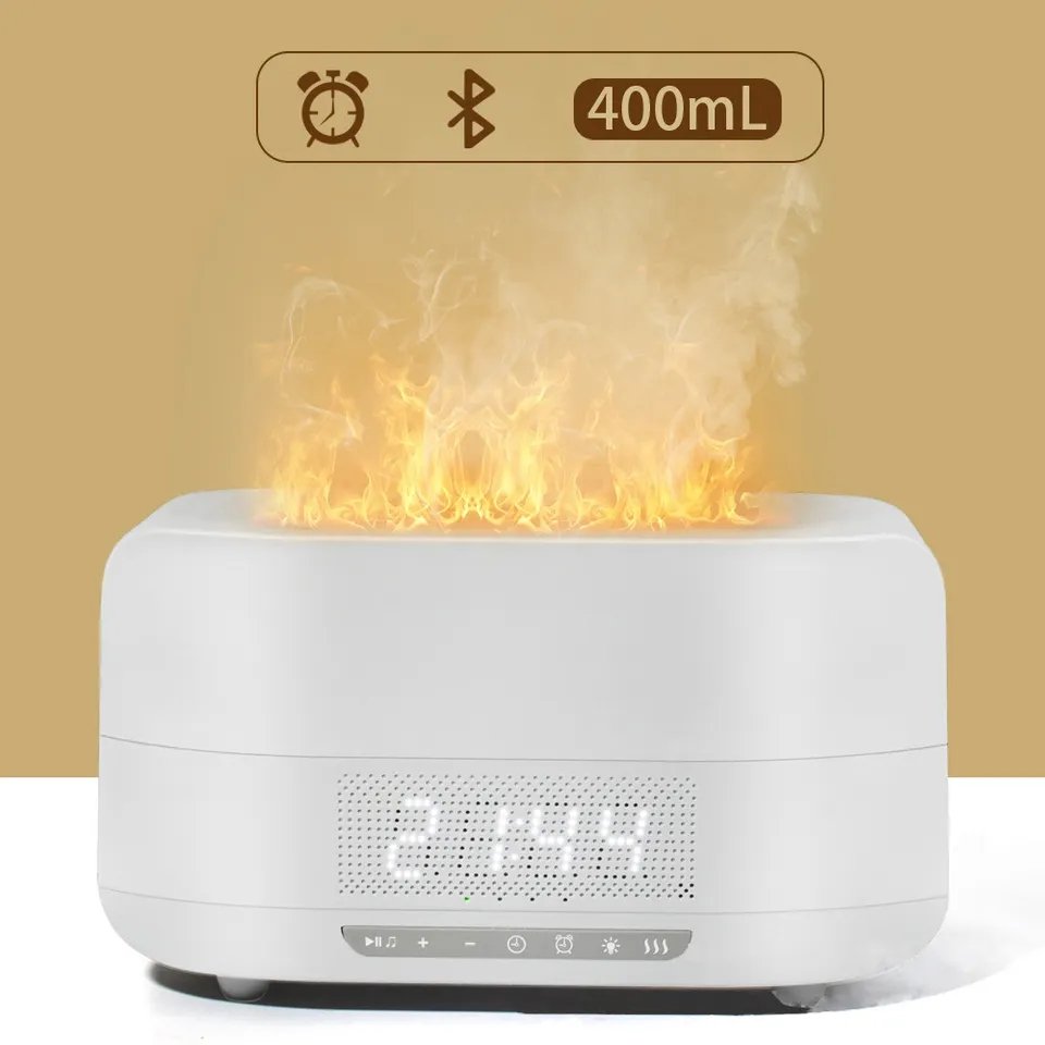 400ml Simulate 3D Fire Flame Essential Oils Diffuser with Speaker Alarm Clock