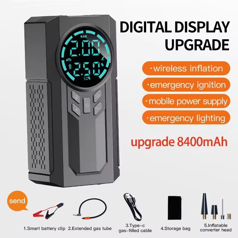 Jump Starter with Car Inflator Power Bank Battery Booster Mini 8000 MaH New Arrival With Emergency Alarming