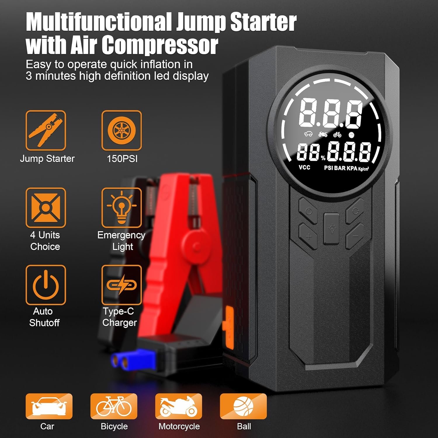 Jump Starter with Car Inflator Power Bank Battery Booster Mini 8000 MaH New Arrival With Emergency Alarming