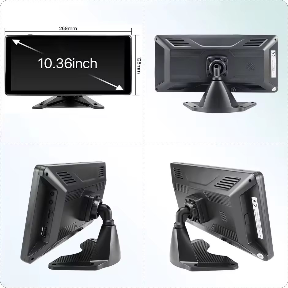 10.36" Split Screen Wireless Carplay Android Auto Front Rear 4k Dash Cam Reverse Alarm Vehicle Camera System for Truck Trailer
