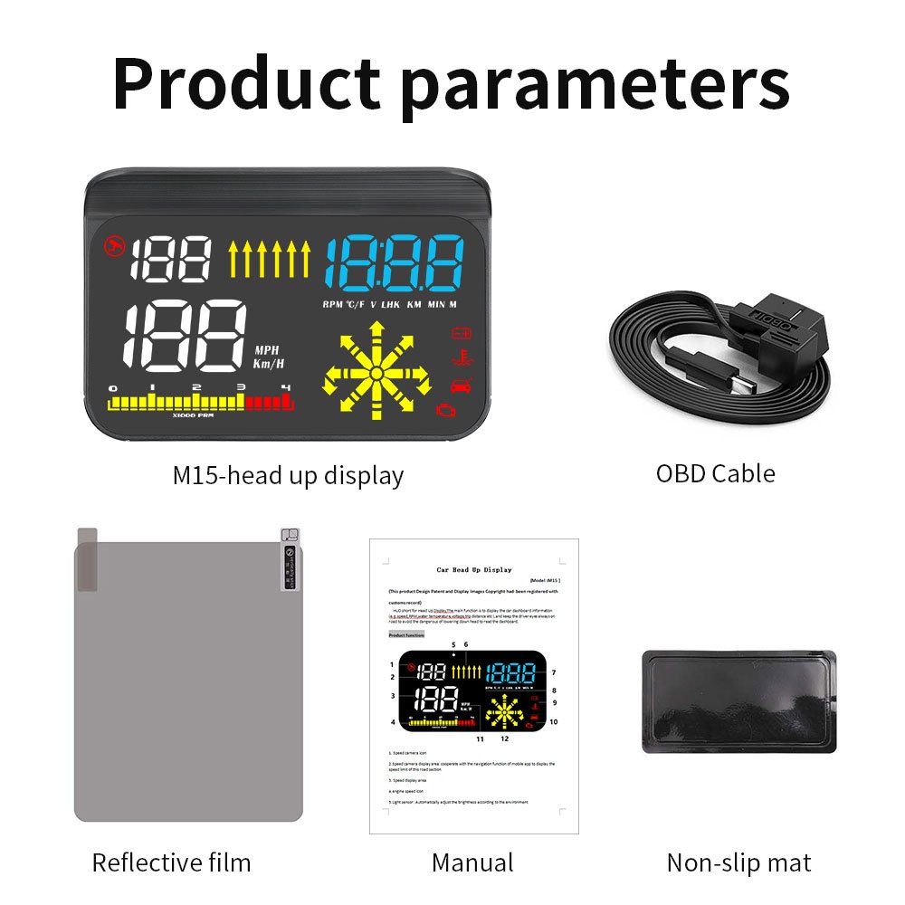 M15 GPS Navigation OBD2 Car Head up Display LED Windshield HUD for All Cars with Speed Clock Function Diagnostic Tool