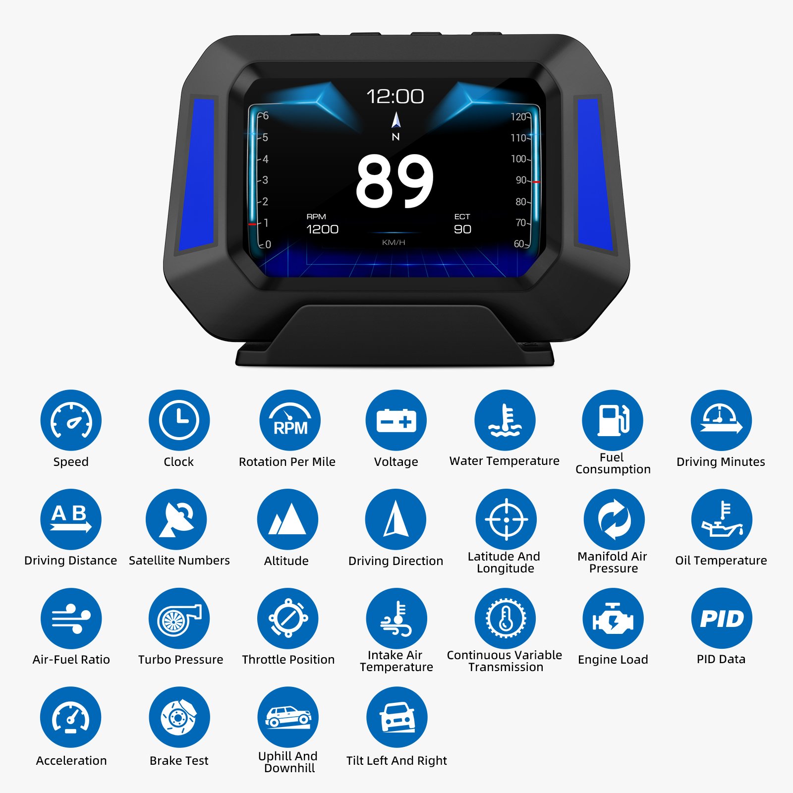 P21 OBD2+GPS Head up Display Digital Speedometer 12 Languages Smart Gauge With Slope Meter Alarm System Car HUD