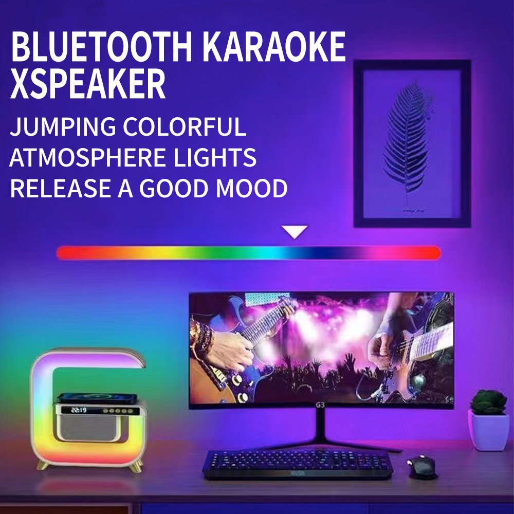 Colorful G-Shaped Wireless Charging Speaker With Clock, Alarm, and Reminder for Karaoke and Phone Calls