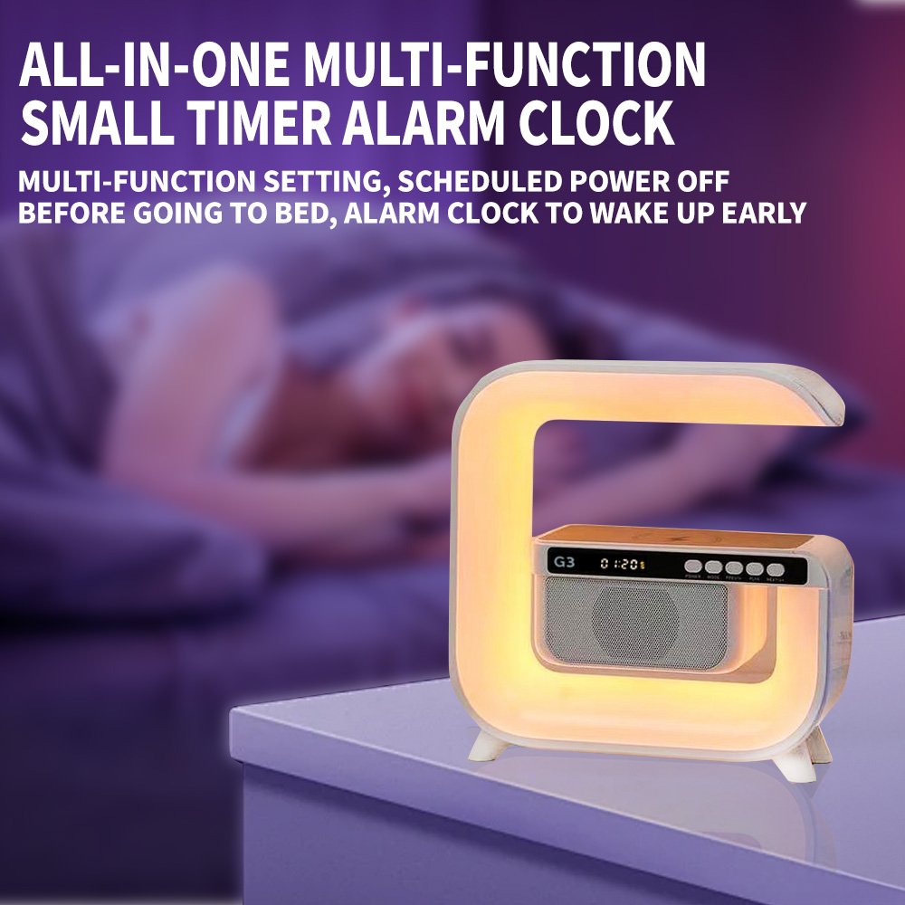 Colorful G-Shaped Wireless Charging Speaker With Clock, Alarm, and Reminder for Karaoke and Phone Calls