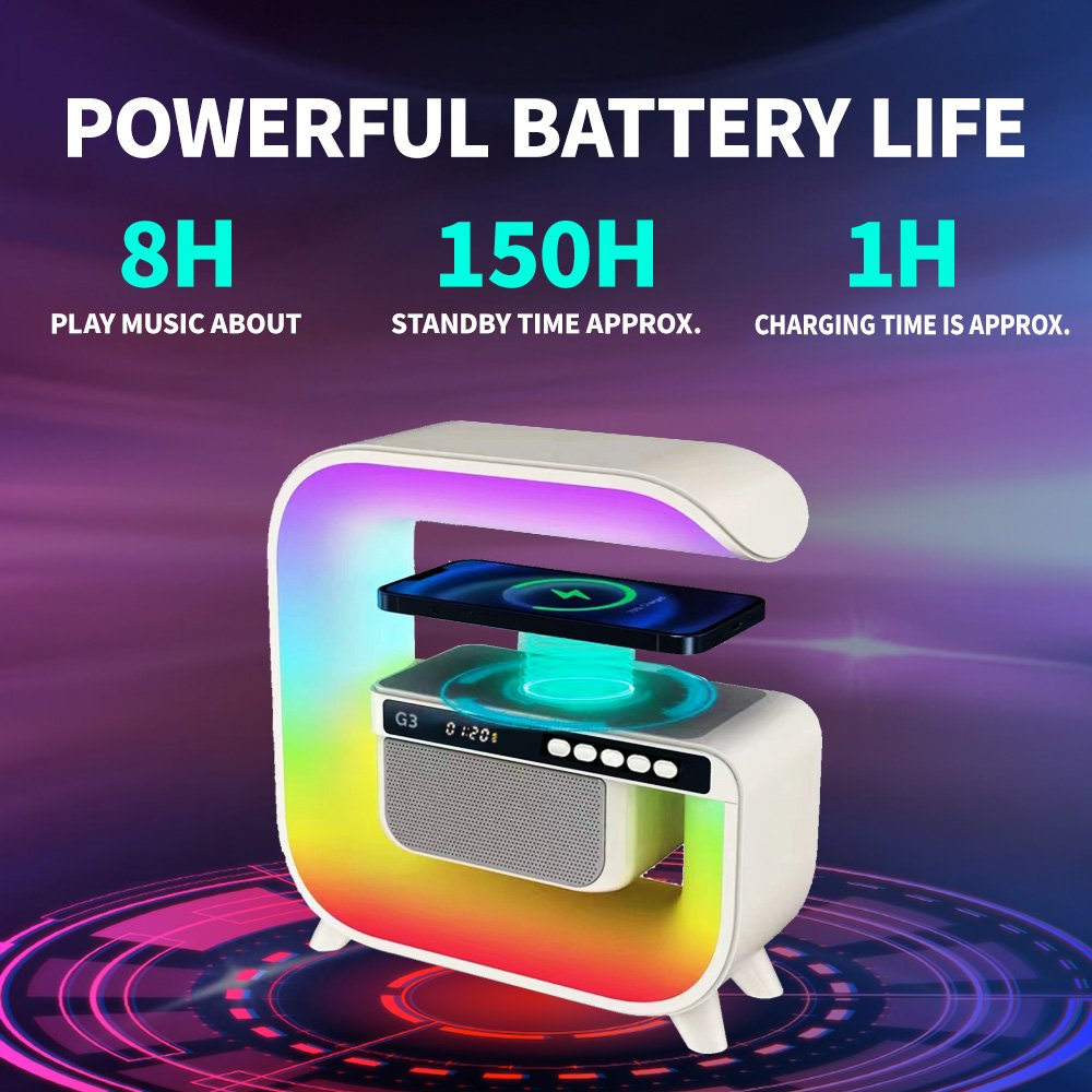 Colorful G-Shaped Wireless Charging Speaker With Clock, Alarm, and Reminder for Karaoke and Phone Calls