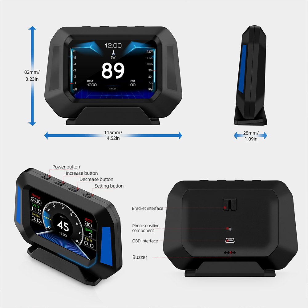 New Upgrade OBD Gauge Sports Display P21 with LCD Screen Multi-function Smart Meter HUD Heads up Display for Cars