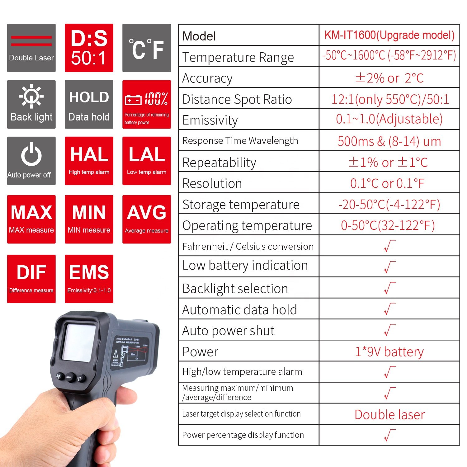 High Temperature Guns Double Laser Household Thermometers Industrial Digital Meat Oven Infrared Thermometer With Laser Targeting
