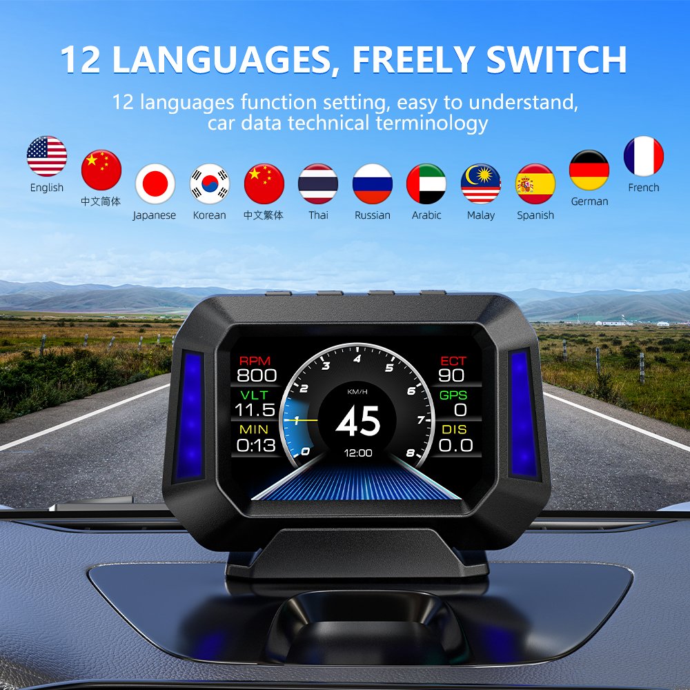 Vehicle Tools P21 Hud OBD2 Gps Heads up Display Smart Gauge Car Inclinometer with Rollover Warning for All Cars
