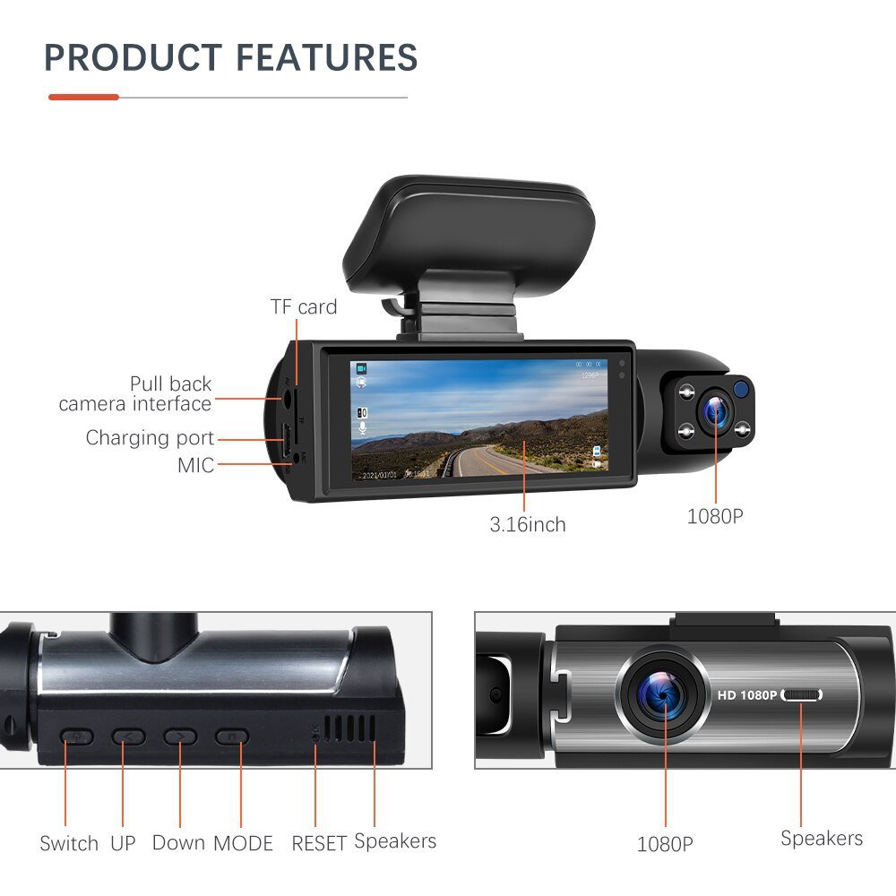 1080P Dual Camera Dash Cam Cars IR Night Vision Loop Recording Wide Angle Lens 3.16 Inch IPS Screen Supports WiFi MicroSD Media
