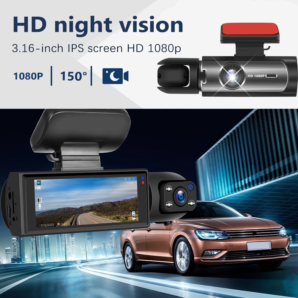 1080P Dual Camera Dash Cam Cars IR Night Vision Loop Recording Wide Angle Lens 3.16 Inch IPS Screen Supports WiFi MicroSD Media