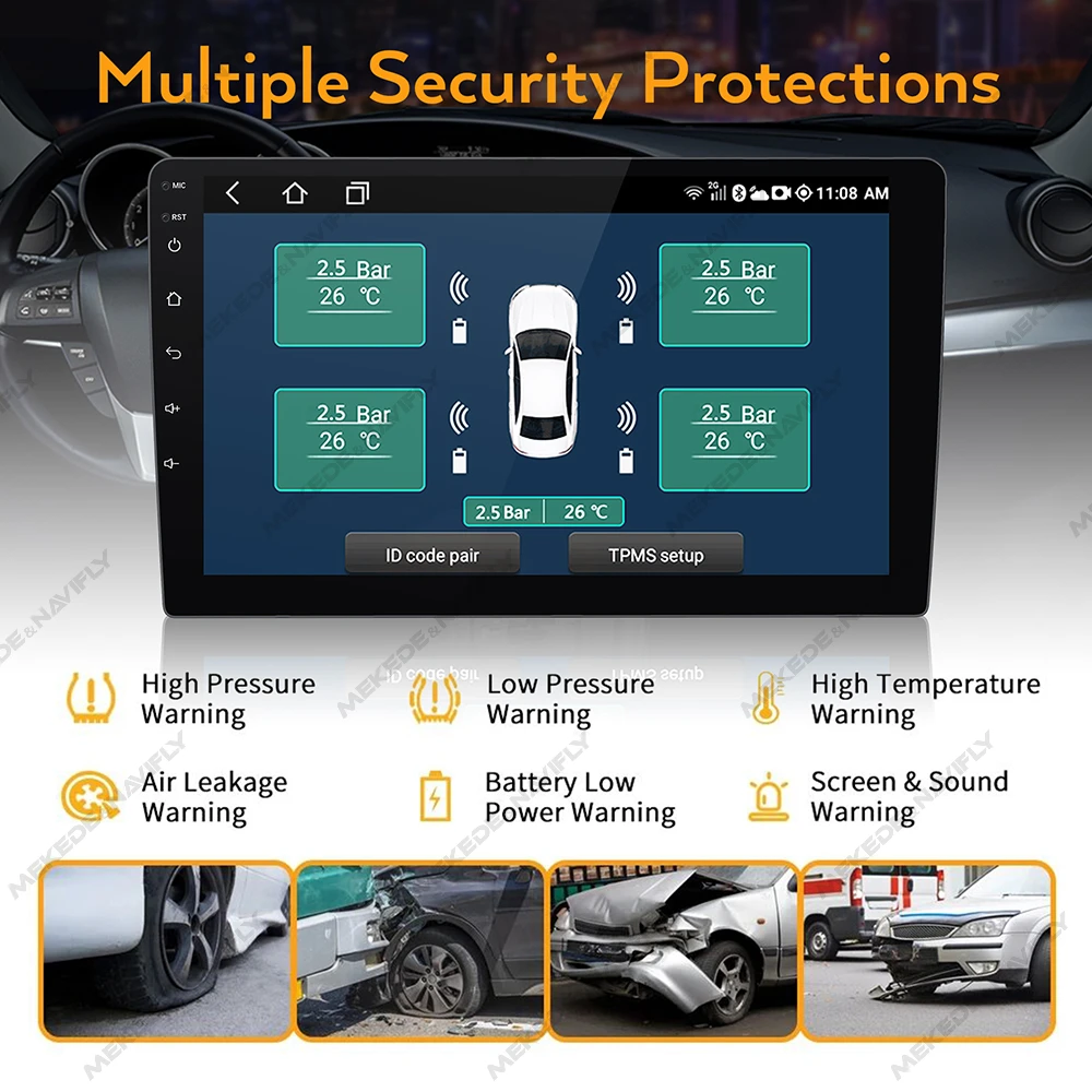 MEKEDE USB TPMS Car Tire Pressure Alarm Monitor System for Car Android Navigation Player with 4 Sensors 5V Wireless Transmission