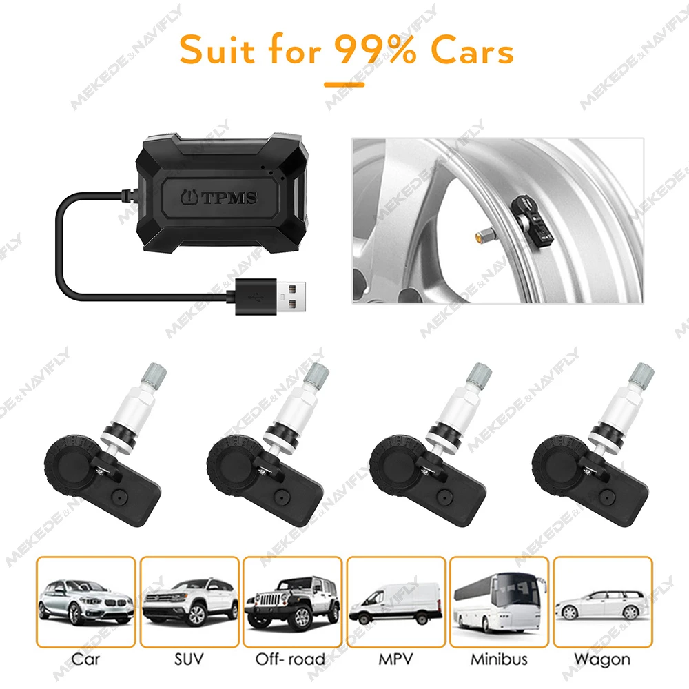 MEKEDE USB TPMS Car Tire Pressure Alarm Monitor System for Car Android Navigation Player with 4 Sensors 5V Wireless Transmission