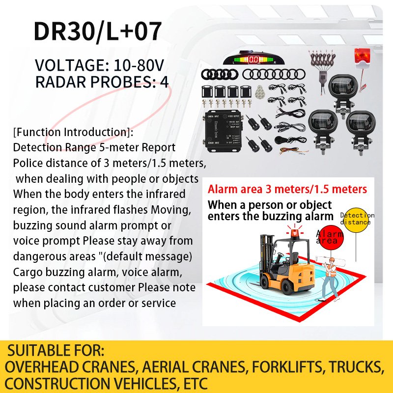 Forklift Alarm System Anti Jamming LED Universal 10-80V Safe Area Alarm Reversing Radar Forklift Collision Prevention System