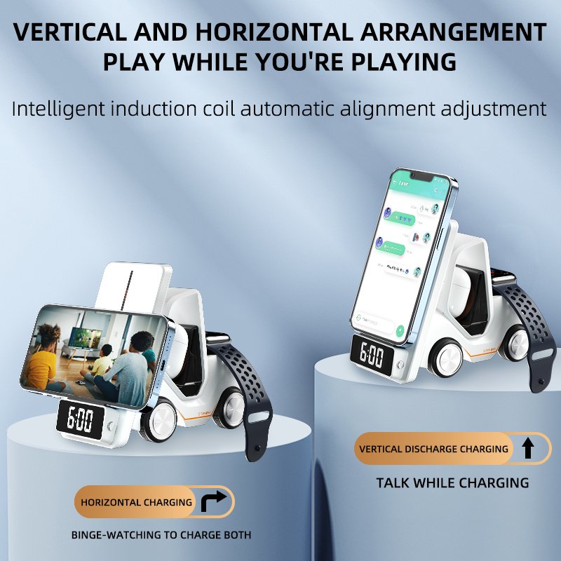 5 in 1 Magnetic Cell Phone Earphone Smartwatch Charger Alarm Digital Clock Car Shaped Multifunction Wireless Charger
