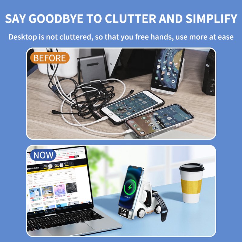 5 in 1 Magnetic Cell Phone Earphone Smartwatch Charger Alarm Digital Clock Car Shaped Multifunction Wireless Charger