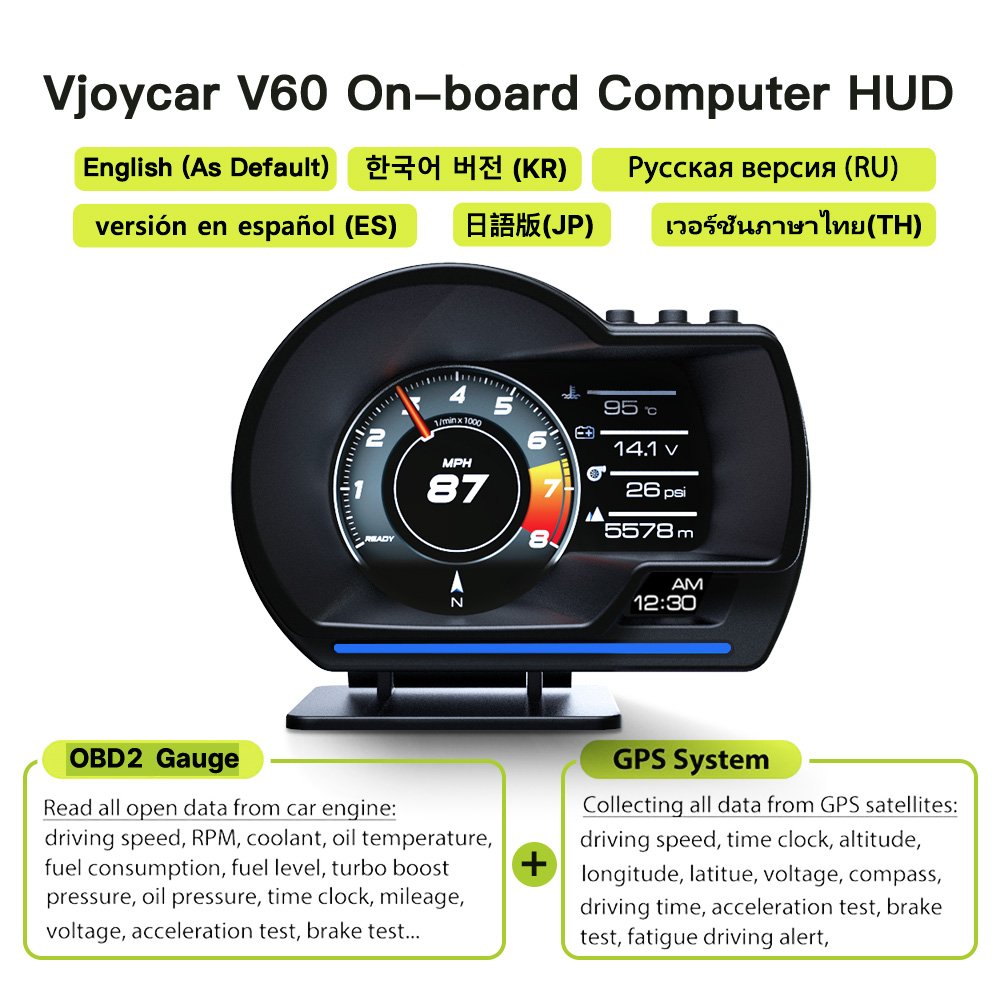 Vjoycar V60 Original HUD Heads up Display Digital GPS Speedometer Smart Car OBD Gauge Diagnostic Tools Hot Vehicle Electronics