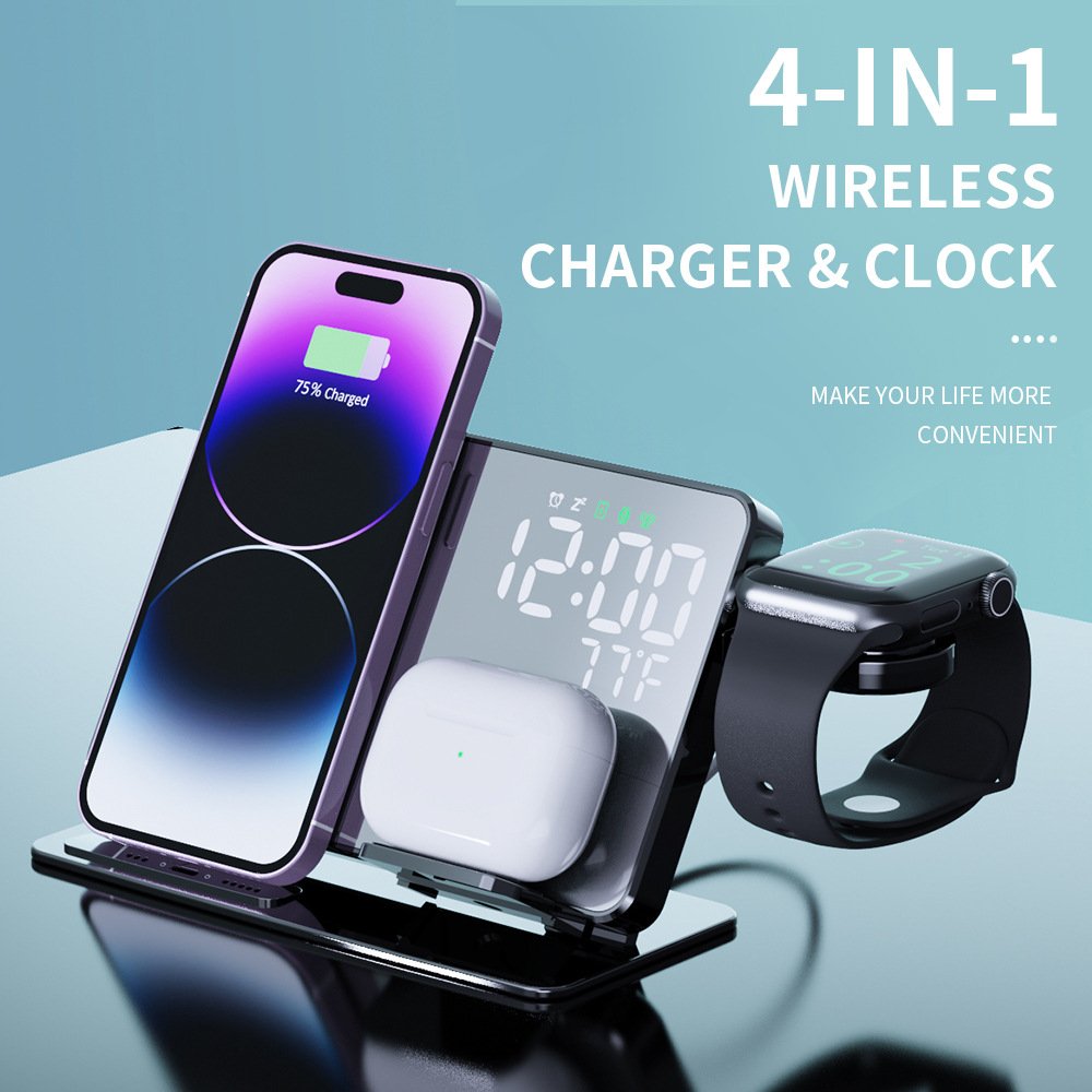 Multifunctional 4 in 1 Alarm Clock Wireless Charger 15W Fast Charging Station for Multiple Devices