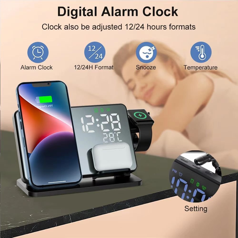 Multifunctional 4 in 1 Alarm Clock Wireless Charger 15W Fast Charging Station for Multiple Devices