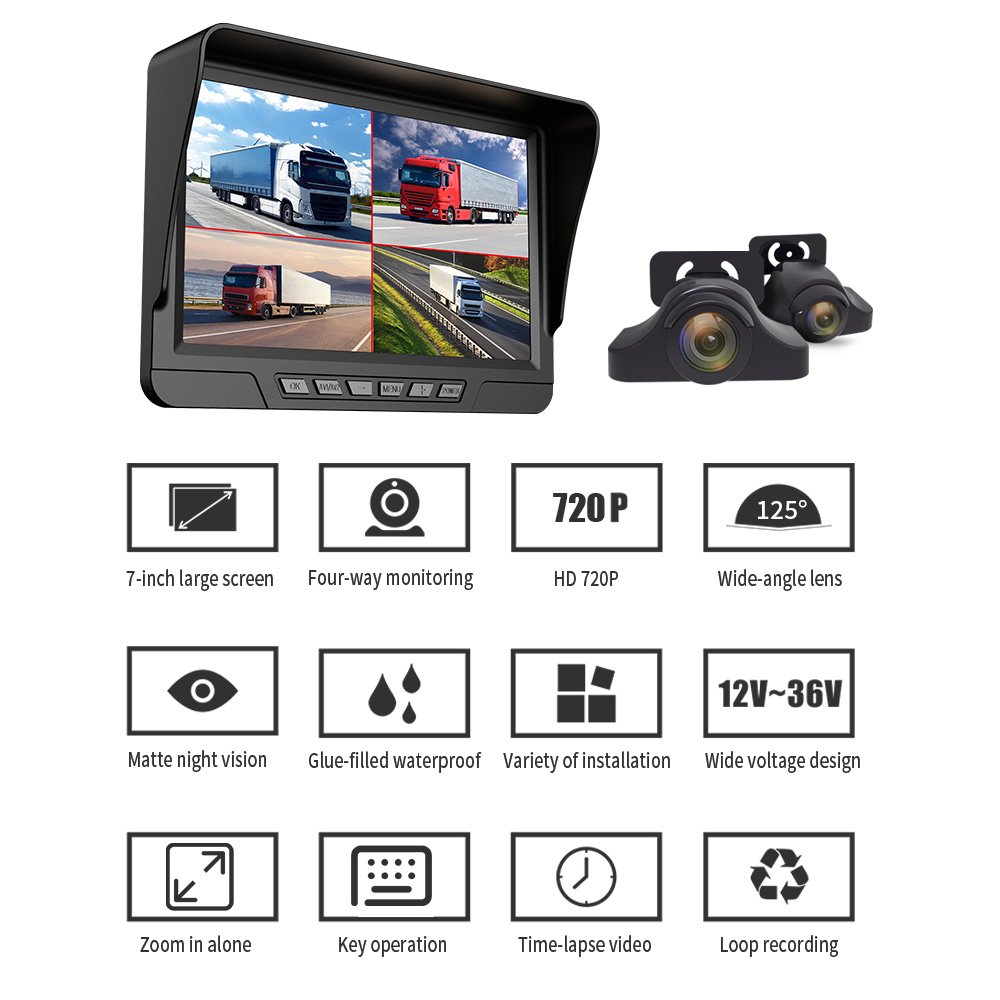 7Inch Full HD 1080p Dual Lens Split View 24V Backup Reverse Monitor Rear View Side Mirror Bus Semi Truck Camera System