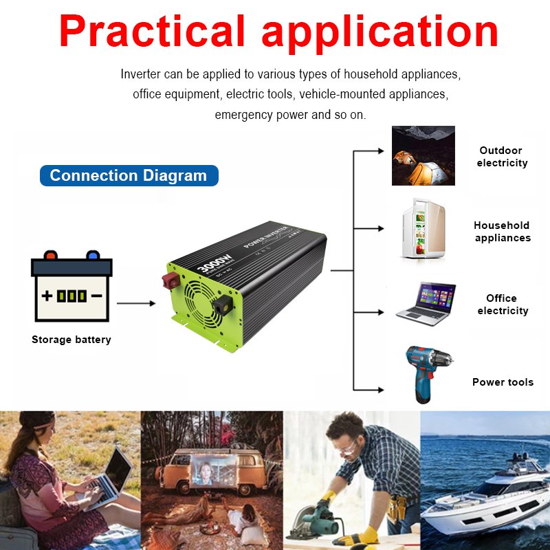 OEM Available Outdoor Tool 2000W Peak Power 12V 24V to 110V 220V AC Car Power Inverter 3000W Pure Sine Wave Inverter