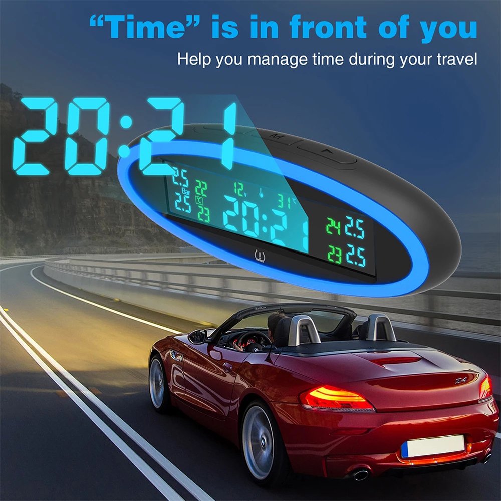 Universal TPMS Wireless Tire Pressure Monitoring System Solar Power Clock LCD Display 4 External Sensor Tire Pressure Sensors